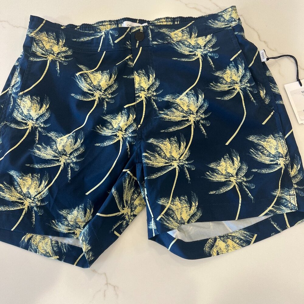 Onia swim trunks blue with yellow pakm trees